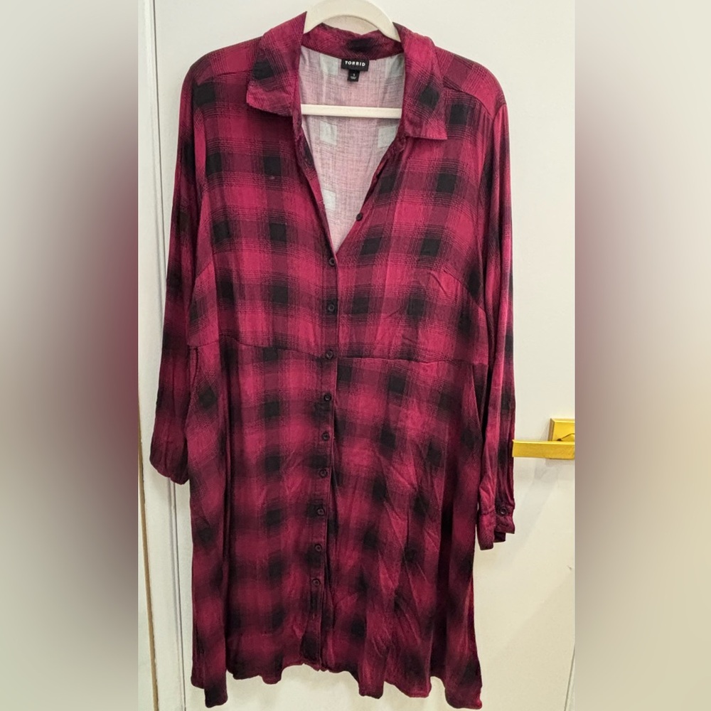 Torrid Red and Black Plaid Button-Up Shirt Dress
